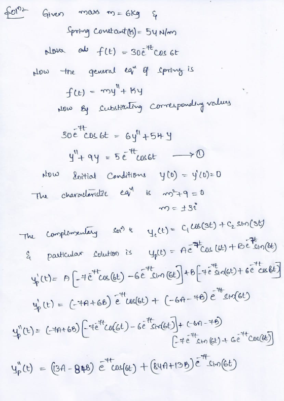 Som Giver mass m= 6kg E Spring constant (h) = 54N/m Nowa od flt) -76 = 300 cos 6t Now the general eam of spring is f(E) my+