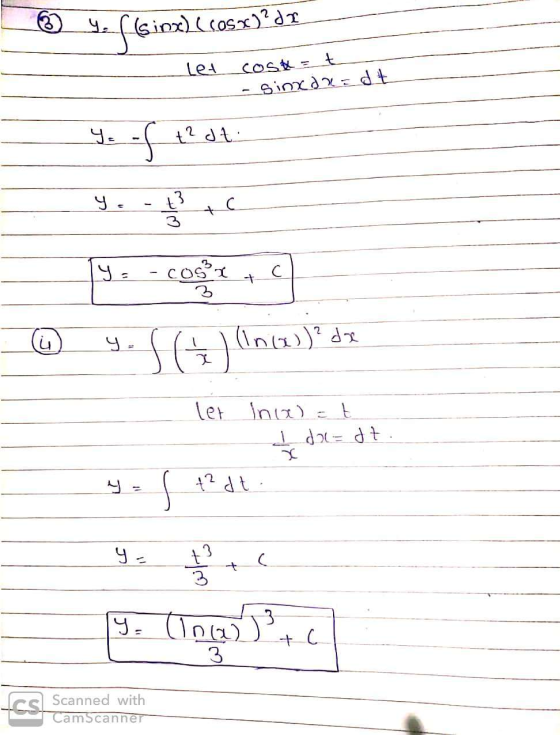1 y. fsinx) (casx) 2 dr let cost = t - Sinx dx=dt y of t² dt. ☺ yos() (1063.3) de let inal = t I dal=dt. yas+? dt. 9. (199te