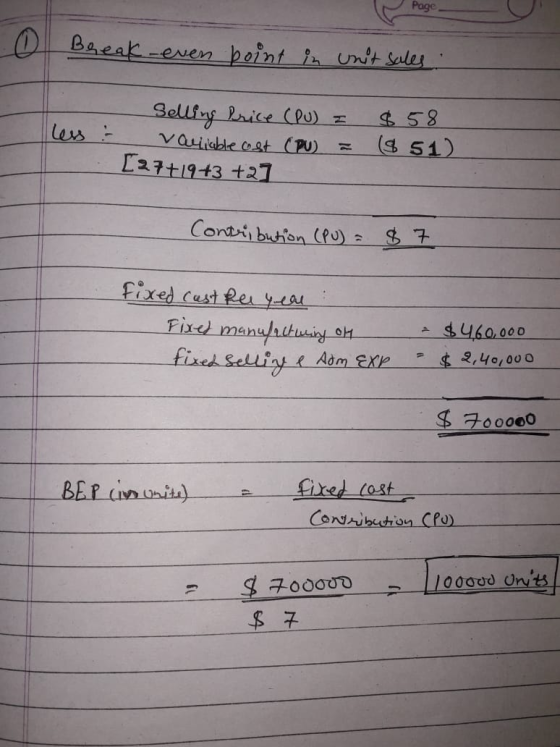 Page 0 Break-even point in unit sales : си - Selling Price (PU) = Vaiiable ost (PU) = [27+19+3 +21 $58. ($ 51) Contribution (