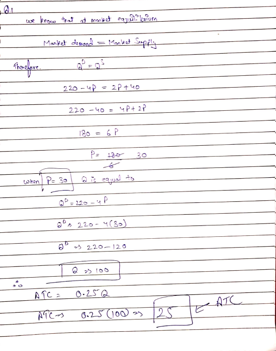 we know that at market equilibrium Market dewand = Marbret Supis Troefore شود 220-4p = 2p+40 220-40 a up+2P 130 = бP P= to 30