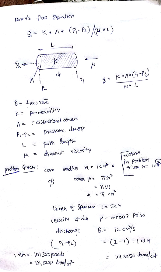 dP PI peyneability A Cxss Sectia al ana H - dynamic viscosity mistare 二尤) viscosity tauy μ 0.0002 Poise disdaee Lctma 101325 pascals