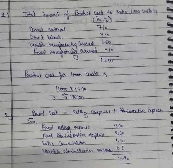 Total amount of product last to make 11000 buits is Dived Materia 710 Direct lobour Y.10 variable Manufacturing Overhead 1.60