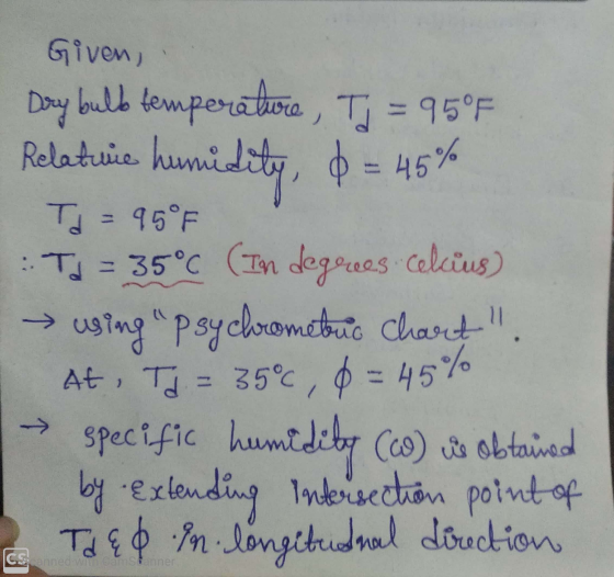 Le VW Given, Day bulb temperature, Ti = 95°F Relative humidity, d = 45% Td = 95°F TJ = 35°C (In degrees celcius) using psych