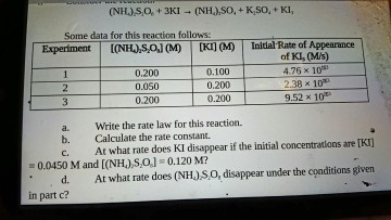 Some data for this reaction follows: Experiment INHA.SoJON) T [Kn Initial Rate of Appearance of KL CMUs) 0200 0100 4.76 x 10 0.050 a. write the rate law for this reaction. b. Calculate the rate constant. concentrations are c. At what rate does Kl disappear if the initial IKn m 0.0450 M and [(NHL) Szol 0.120 M? under the conditions given d. At what rate does (NHL) SiO, disappear in part c?