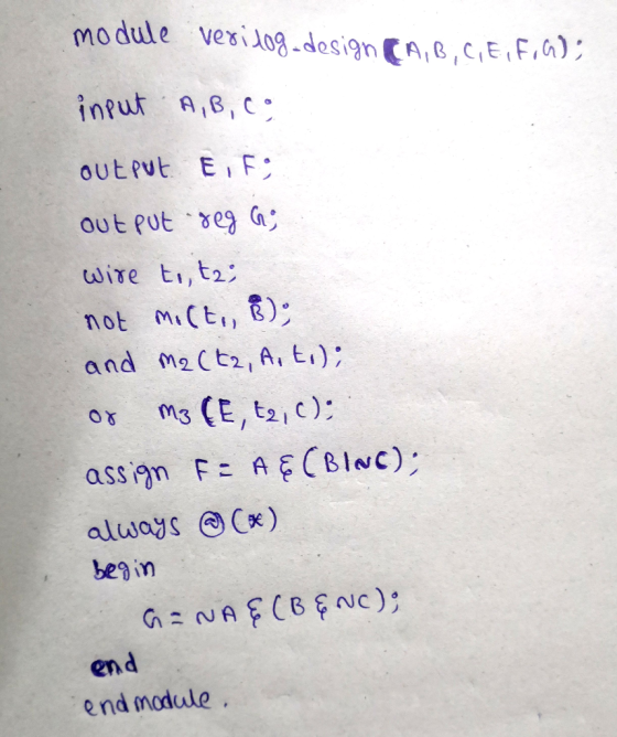 module verilog design (A, B, C,E,F,G); input A, B, CO output EiFi out Put sega; wire titzi not molt., B); and m2 (tz, Anto);