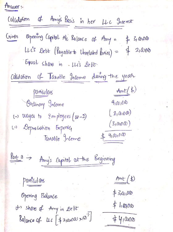 Answer ofAmys Basis in her LLc Interest Calwlahon Crinen Opening Cupital Ali Balance of Amy uds Aebt (Payable hrelaed forie)