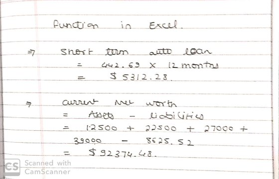 function in Excel 7 Shotturnauto loan _ 442.69_X 12 months -= $5312.28 current mee worth = Avet - liabilirio = 12500 + 22500