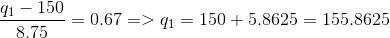 \frac{q_1-150 }{8.75 }=0.67=> q_1= 150+5.8625 =155.8625