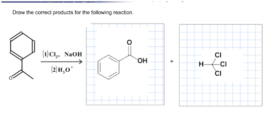 Draw the correct products for the following reaction. (1)C NaOH (2 H,o CI OH HCI