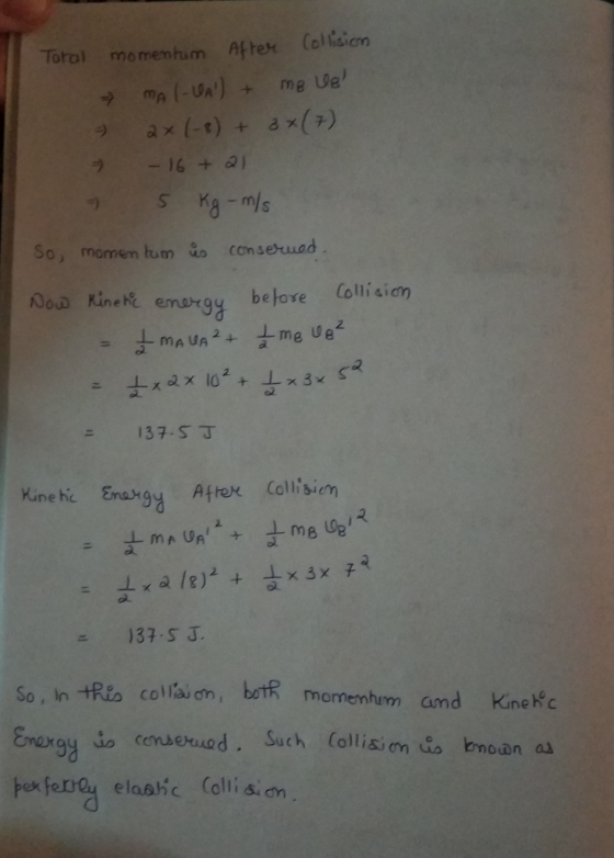 Toral momemtum After (ollision ax (-t) + ax(7) ラ So, momen tom i conseruod 0od Kinek emrgy bejore Collision 137,SJ Kinehe EnaAtx Collh マ )31.SJ. ニ So, In tRis colasn, botmomenhum amd Kinekc Energy Jo coueouod. Such (ollason us ㎞oan as per ferilu elashc Colli sim momemhm and Kineh