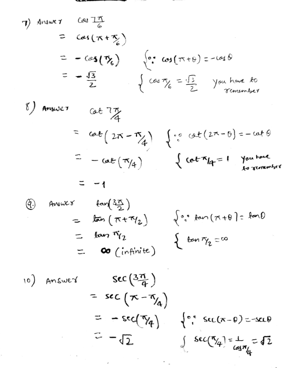 7) Answer Cos II Cas(*+1) = -(51%) - fo: 609(+8) = -1046 { cos 7% = t you have to remember 8) Arywer Cat ra 14 at (2014) - co