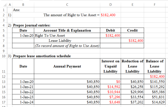 I AB 1 Ans: 21) The amount of Right to Use Asset = $182,400 Credit 4 2) Prepre journal entries: Date Account Title & Explanat