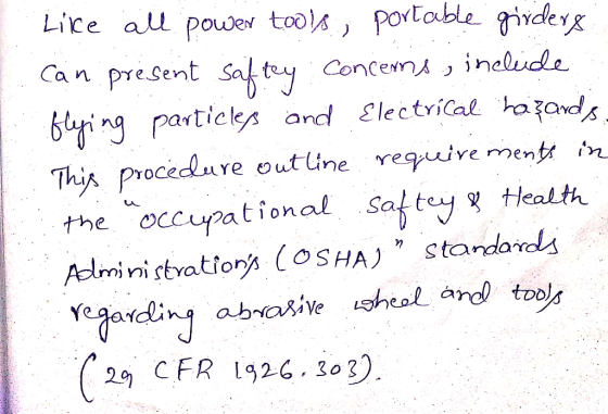mi Like all power tools., portable girders can present saftey concerns, include flying particles and Electrical hazards. This