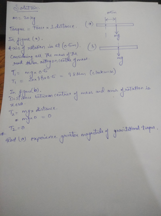 dolution: 0.5m ma 20kg Torque Force & I distance. In figure all the mass Asisy rotation is at (0.5m). (6) Considering rad tab