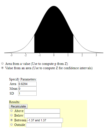 Area from a value (Use to compute p from Z) • Value from an area (Use to compute Z for confidence intervals) Specify Paramete