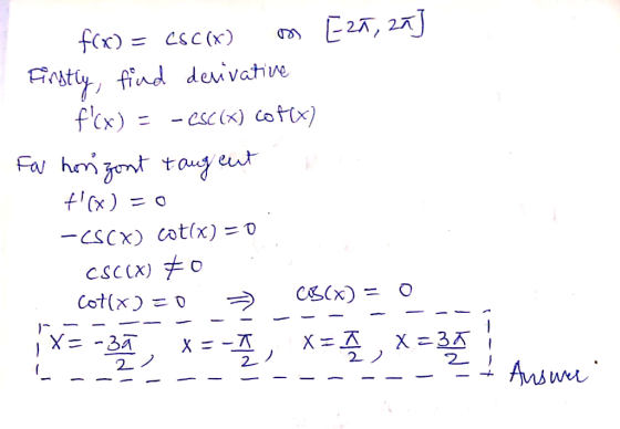 in Eza, za - f(x) = CSC(X) Firstly, find derivative f(x) - CSC (x) cotex) fa horizont tangent t(x) = 0 -CS(x) cot(x) = 0 CSC