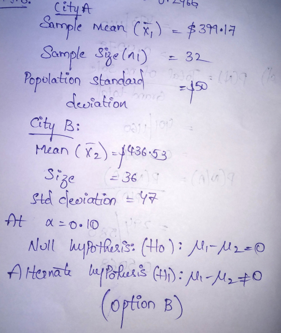 166 City A Sarmple Sample ge lat) Popelation standaud deeiation Cty Mean (Y2)69 Size Std cleoiation Y C $31.17 Mean 32 103(W9