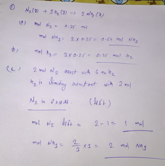 0 N2 (9) + 3 h (9) - 2anz (9) 9) mol N = 0.25 mal mol Nh z= 2 x 0.25= 0.50 mol NH3 mol H2= 3x0.25= 0.75 mol H2 (c) 2 mol we r