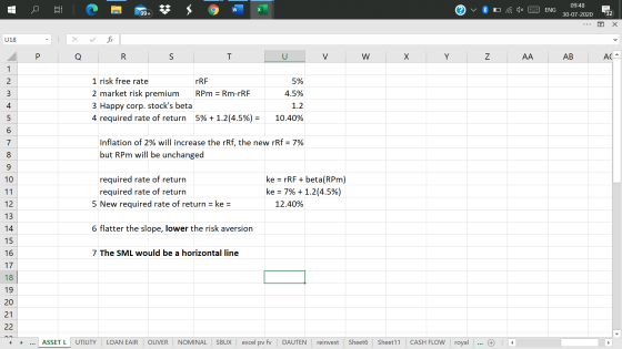 DI C W ENG 09:48 30-07-2020 99+ 32 Х U18 E Р Q R S T U V Х Y Z АА AB ACA 1 2 5% 4.5% 3 1 risk free rate rRF 2 market risk pre