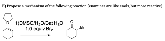 B) Propose a mechanism of the following reaction (enamines are like enols, but more reactive). 0 1)DMSO/H2O/Cat H20 1.0 equiv