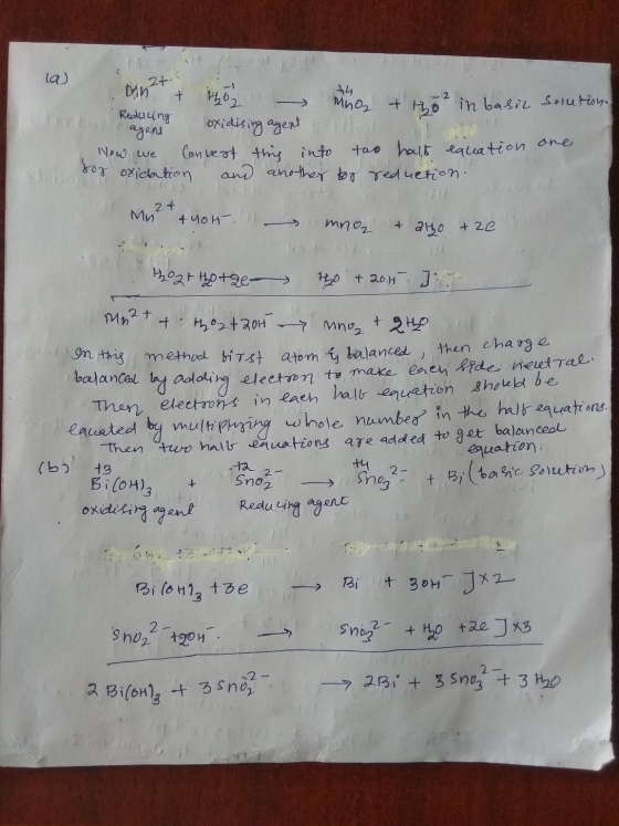 (a) 2+ solution. mot tho u hoe & tho in basic Reducing agent oxidising agent in How we Convert ting into two halt equation bo