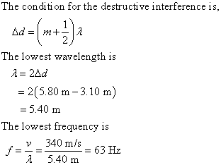 The conditi on for the destructive interference is, The lowest wavelength is 2(5.80 m-3.10 m) = 5.40 m fn fn The lowest frequ