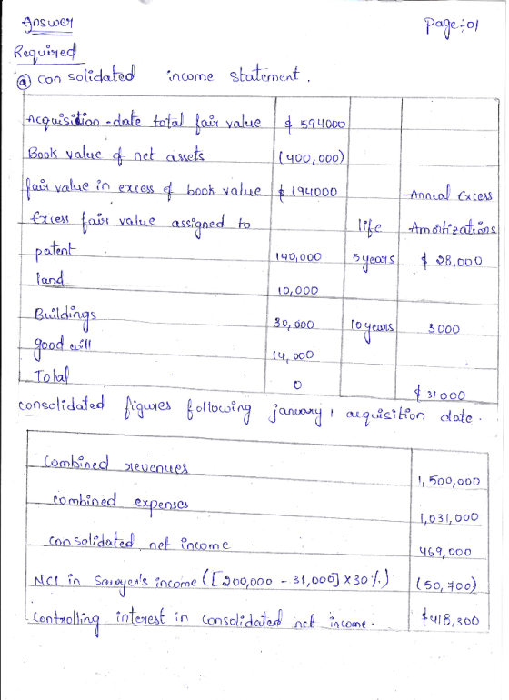 page:ol Answert Required a con solidated income statement , patent 140,000 acquisition -date total fair value $ 594000 Book v