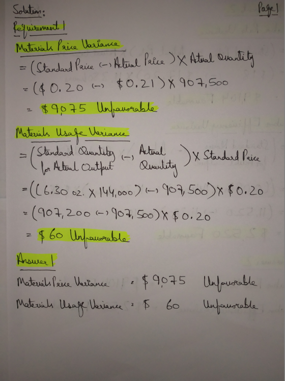 Solution. Page! mall Materials Price Variance (Standard Price (- Actual Price ) X Actual Quantity =($ 0.20 - $0.21) X 90 7,50