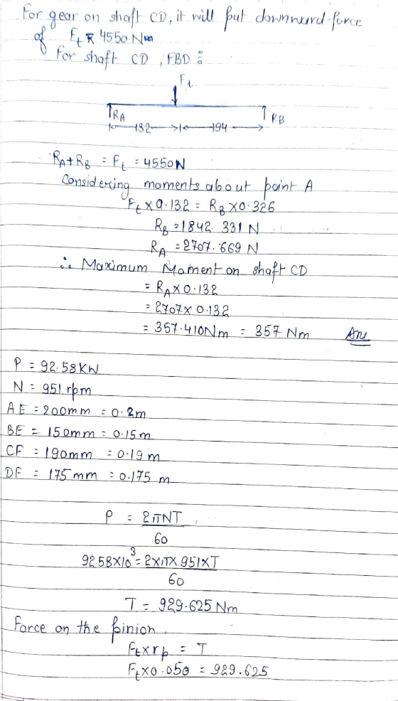 for gear on of shaft CD, it will put downward force A R 45 50 Nm for shaft CD , EBD F TRA TRE 132 --194 Considering point A R