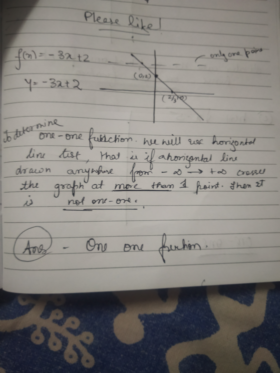 Please likel only one point fal=-3x+2 Y = -32+ 2 (0, 2) e dhe I detes one-one fulaction. We will rus horizontal line test tha