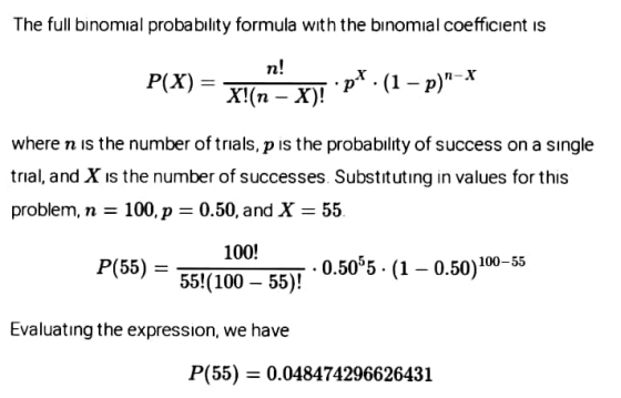 The full binomial probability formula with the binomial coefficient is n! P(X) = X!(n- YT.pt. (1 – p)-X where n is the numb