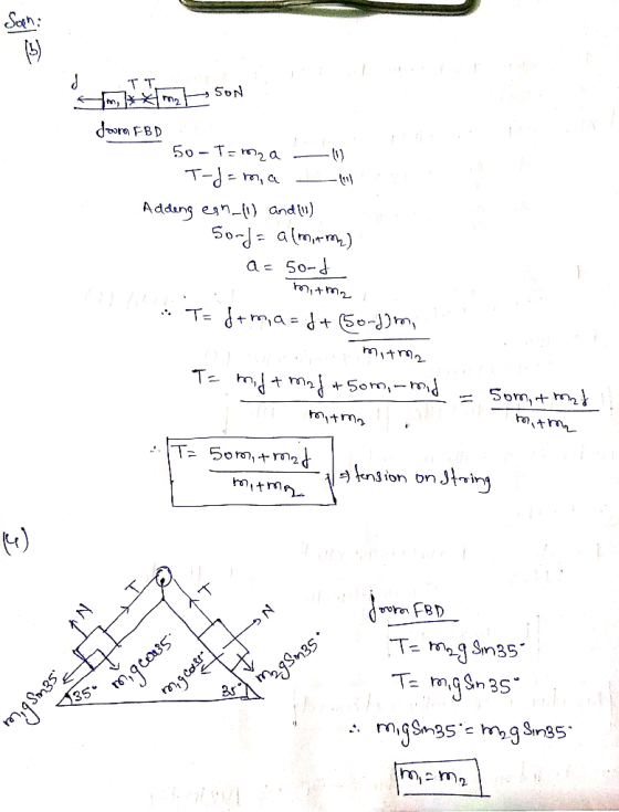d TT. Son m xxm doura FBD 50 - Tema T-d = m, a Addeng esn_(1) and (11) 500J= almost mome) - a=50-d - Mitma, T= dtm, a=f+ (50-