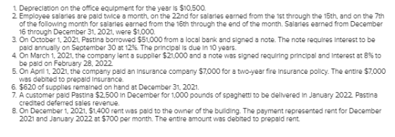 1. Depreclation on the office equipment for the year is $10,500. 2 Employee salarles are pald twice a month, on the 22nd for