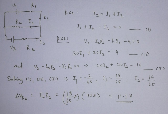 KCL : v RI -1- nou Ij = I t Iz R₂ In at I, + Iz – Iz = 0 4tu KULI V2 - Ig Ry -F, R, -v=0 V2 Ra 301, + 20 fz = 4 - (T) and fol