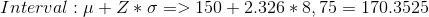 Interval: \mu +Z*\sigma => 150+2.326*8,75= 170.3525