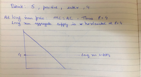 Blank: 5, positive enter , 4 At long ng sun price: sun aggregate mc=AC . This p=4 supply is & horizontal at f= 4 un supply