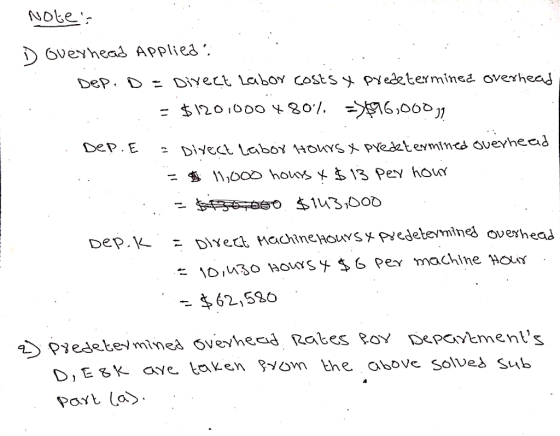 Notes Doverhead Applied Dep. D = Direct labor costs y predetermined overhead = $1201000 48001. => 596,00011 . Dep. E = Direct