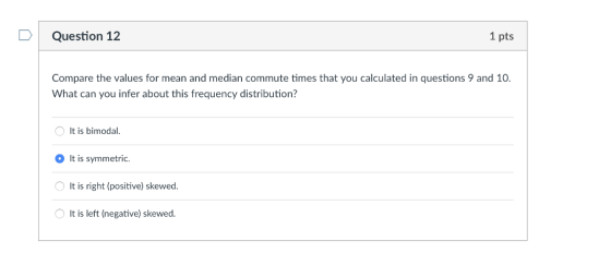 Question 12 1 pts Compare the values for mean and median commute times that you calculated in questions 9 and 10. What can you infer about this frequency distribution It is bimodal. 0 It is symmetric. It is right (positive) skewed It is left (negative) skewed