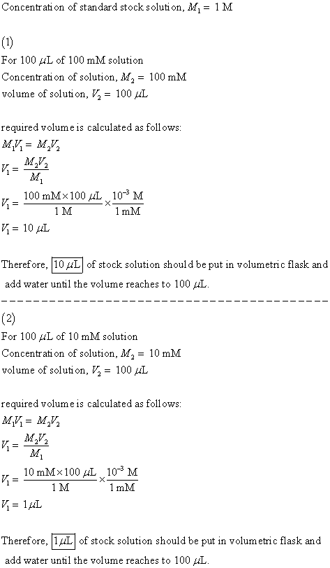 Concentrati on of standard stocksoluti on, M = 1M (1) For 100 Lof 100 mM solution Concentrati on of solution, M = 100 mM volu