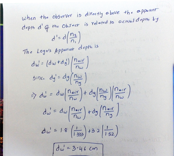 when the obserVer is directly a bove the appexn depth di g the Obirect is rdated ho ocん。」depth olos Apparent depth is ns 1 ,