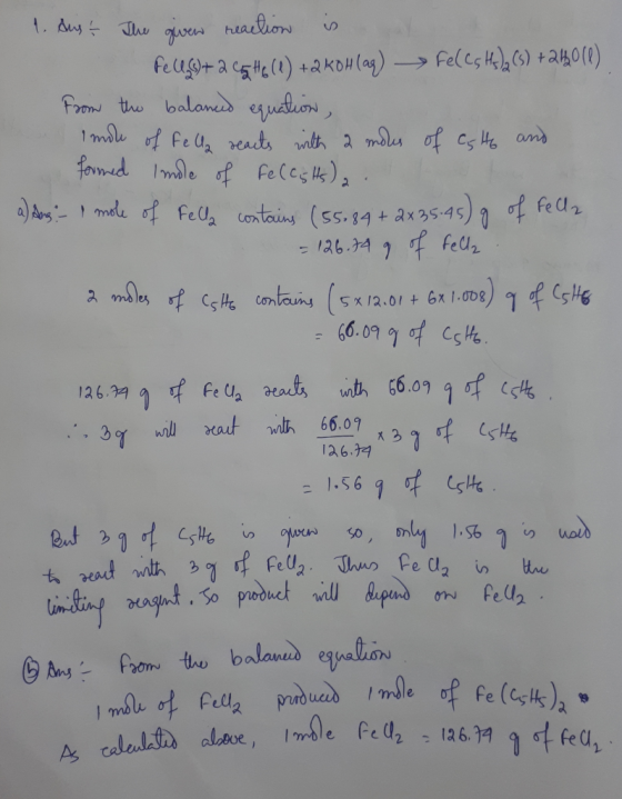 1. Aust The given reaction is feU39+ a c&#G(2) +2 KOH(aq) ► fel Cs Hs),(s) +2630). from the balanced equation, Imole of Fella
