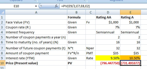 שוםששום E10 fx =PV(E9/2,57,58,E2) B C Formula 2 Face Value (FV) Given FV 3 Coupon rate (R) Given 4 Interest frequency Given 5