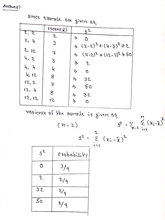 Answer: girice a sample are given as 2, 3 52 Meanli) 2 3 0 2, 4 2, 12 7 (3-2)2+(4-3) 2=2 (7-2)² +(12-2124 50 2 3 4 0 4, a 4,