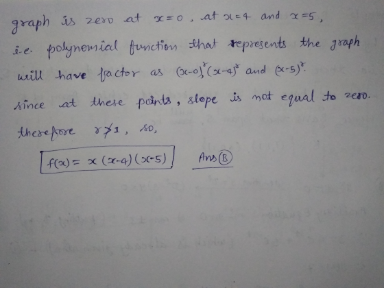 graph is zero at x=0, at a=4 and x=5 ie polynomial function that sepresents the graph will have factor as (0-0) (x-4) and (8-