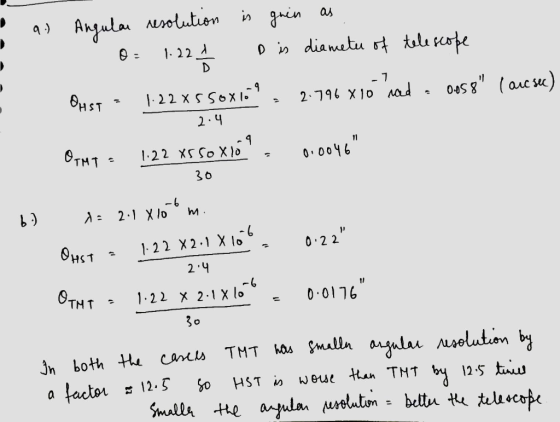 a.) Angular resolution is guin as - 0= 1.22 16 Dis diametu of telescope Ofss = 1.22x550xlo 2.791 x 10 mod. 0958 (ausse) OrH