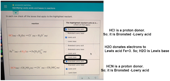 ADVANCED MATERAL Identifying Lewis acids and bases in reactions In each row check off the boxes that apply to the highlighted