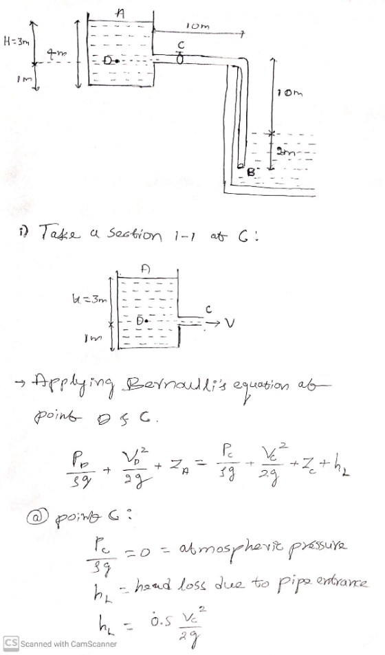 10 H-37 4-m UMO - Take a section in at G: u=3ml Bernoullis equation ab point of G. P Von Vo + Z279 29 + - + 7th 99 39 @ poin