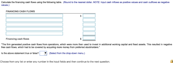 Calculate the financing cash flows using the following table. (Round to the nearest dollar. NOTE: Input cash inflows as positive values and cash outflows as negative values.) FINANCING CASH FLOWS Financing cash flows The firm generated positive cash flows from operations, which were more then used to invest in additional working capital and fixed assets. This resulted in negative free cash flows, which had to be covered by acquiring more money from preferred stockholders. Is the above statement true or false? . (Select from the drop-down menu.) Choose from any list or enter any number in the input fields and then continue to the next question