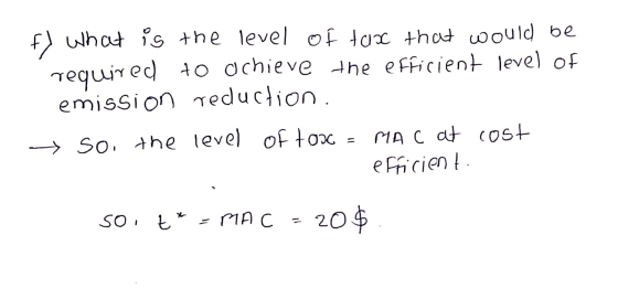 f) What is the level of tax that would be required to achieve the efficient level of emission reduction. + so the level of to