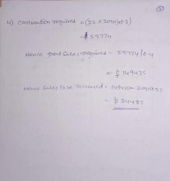 4 contribution required =(22 x 2090)+1:3) $59774 Hence total sales requereda 59774/0.4 a $ 149435 ce sales to be the creased